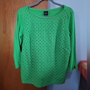 Rafaella Green Eyelet And Ribbed Scoop Neck 3/4 Sleeve Shirt Women's Size L